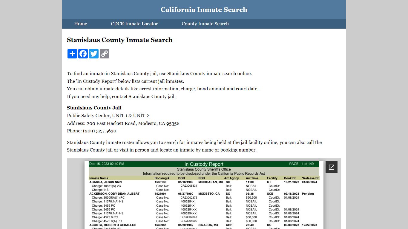 Stanislaus County Inmate Search - California Inmate Search